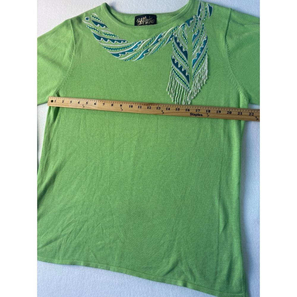 Bob Mackie Wearable Art Lime Green Beaded Feather Fringe Knit Sweater Womens L - Picture 7 of 10